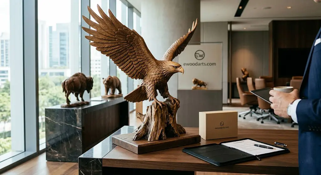 A detailed hand-carved wooden eagle sculpture with intricate plumage on a dark wood desk in a luxury corporate showroom. Next to the majestic raptor, an elegant contract folder and an ewoodarts.com kraft gift box are displayed. In the blurred background, a CEO in a suit evaluates the artwork near large windows, showcasing premium corporate executive decor.