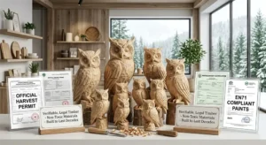 A family of rustic, hand-carved wooden owl figurines displayed on a table alongside wood shavings, carving tools, and official certificates like "Official Harvest Permit" and "EN71 Compliant Paints."