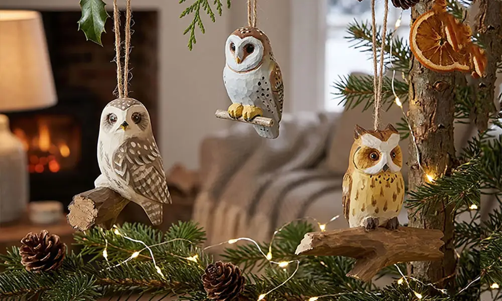 Hand-carved wooden owl ornaments from the holiday collection