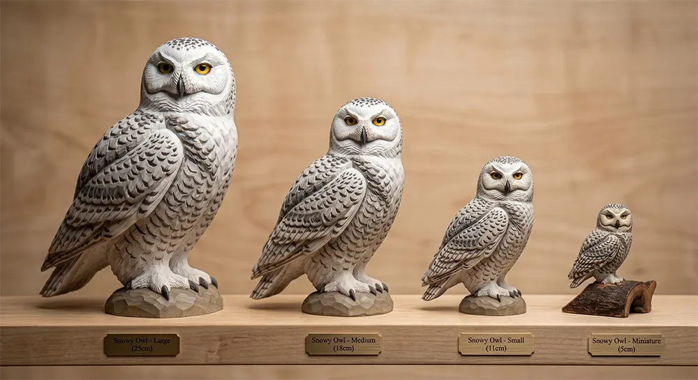hand-carved and hand-painted wooden snowy owl sculptures in different sizes (5cm to 25cm)