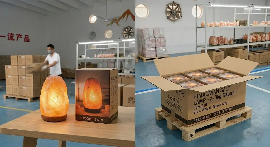 2-3kg Himalayan salt lamp with its individual color retail box and a 6-piece reinforced 5-ply master carton, designed for supermarket and gift shop distribution.