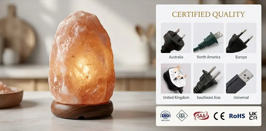 Global electrical plug standards for salt lamps with UL, CE, SAA, and UKCA certification marks.