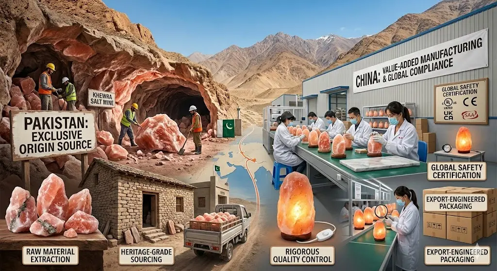 Infographic showing the Himalayan salt lamp supply chain: Raw material extraction at Khewra Salt Mine in Pakistan and value-added manufacturing with UL/CE compliance in China.