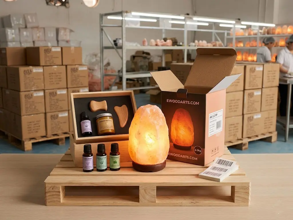 A premium wellness gift set featuring a 2-3kg Himalayan salt lamp, essential oils, and wooden massagers, shown with custom-branded color boxes and complimentary barcode stickers for retail bundling.