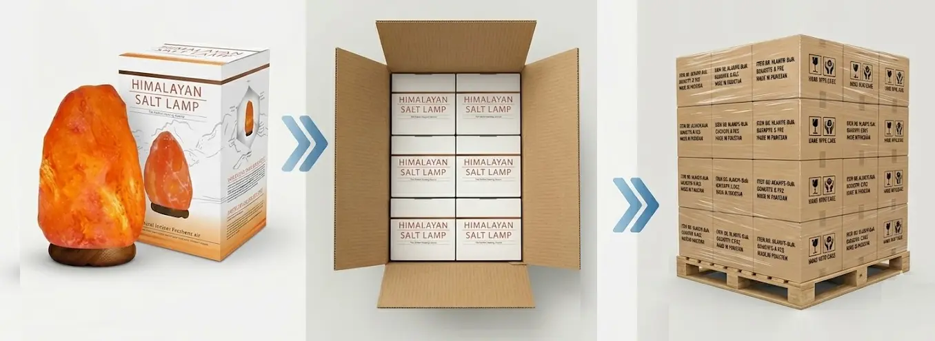 A three-step visual guide to salt lamp wholesale packaging: showing a premium retail color box with natural ionizer branding, a master carton optimized for 6-piece bulk packing, and a securely wrapped pallet ready for international sea freight.