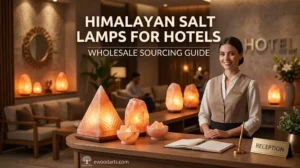 A professional hotel reception desk featuring various decorative Himalayan salt lamps in pyramid and natural shapes, showcasing wholesale sourcing options for hospitality decor.