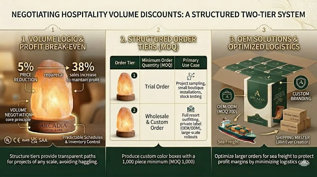 A professional B2B infographic by Jilin Ever Creation outlining hospitality volume discounts for salt lamps. It details the profit logic behind price reductions, a two-tier ordering system with MOQs of 100 and 300 pieces, and logistics optimization including sea freight and master carton packaging (6 units per box