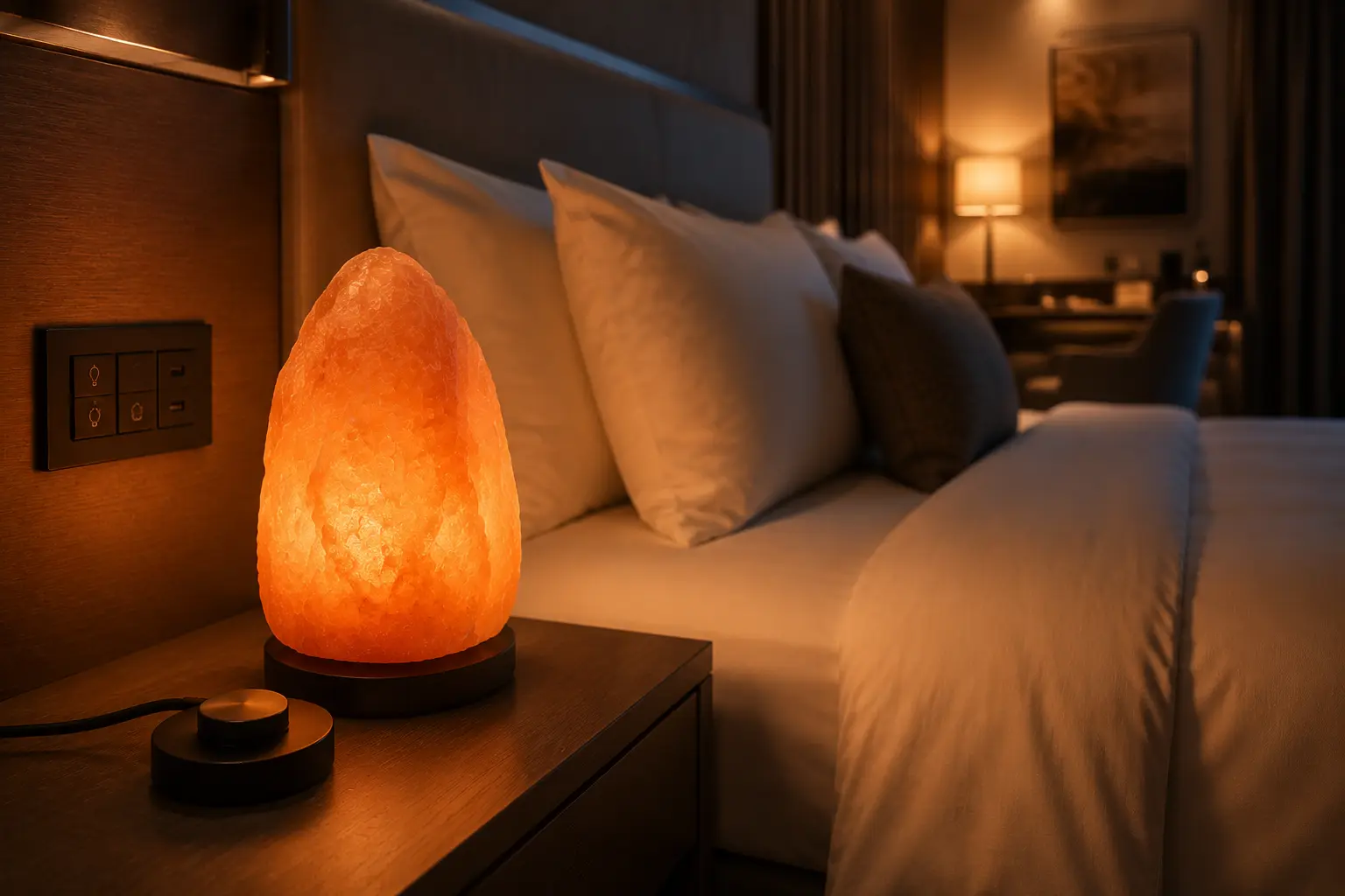 A modern hotel guest room featuring a bedside Himalayan salt lamp emitting a warm amber glow, with soft lighting and elegant bedding creating a cozy and relaxing atmosphere, highlighting night-time comfort and guest-centric design.