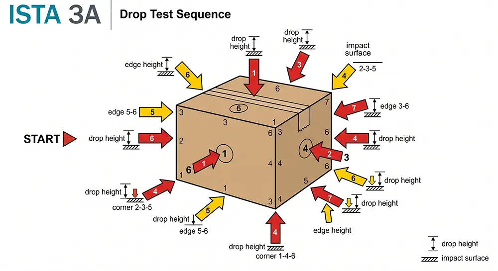 ISTA 3A drop test sequence diagram showing 17 impact points