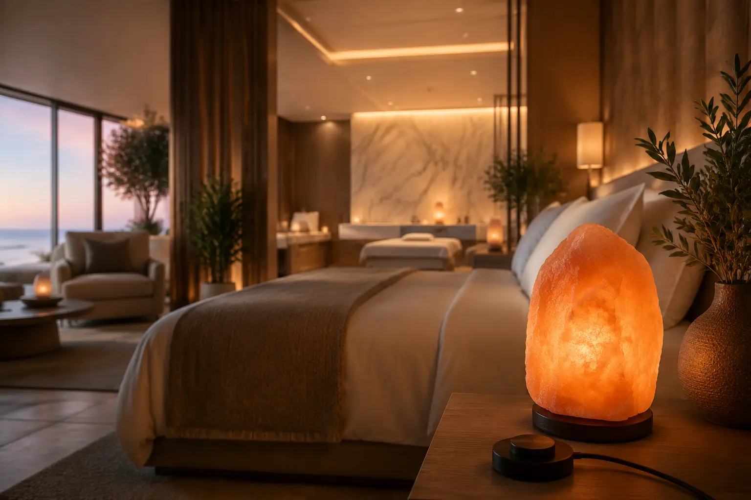 A luxurious hotel bedroom featuring a glowing Himalayan salt lamp on the bedside table, creating a warm and calming ambiance that supports guest wellness and relaxation.