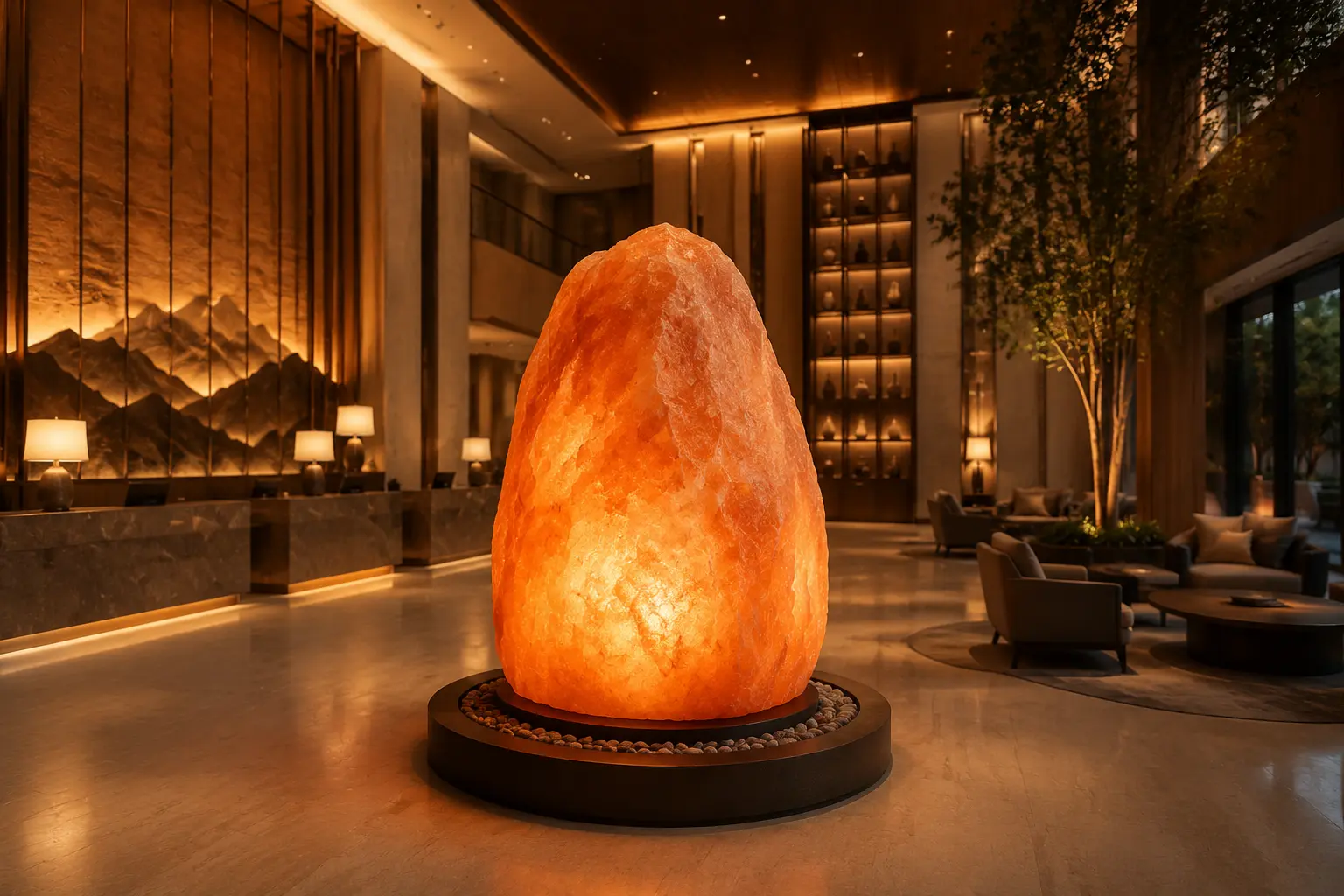 A spacious, upscale hotel lobby featuring a large glowing Himalayan salt lamp on a pedestal as the central focal point, with warm ambient lighting, natural stone and wood accents, and modern lounge seating creating a sophisticated and calming atmosphere.