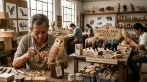 A retail comparison display showing generic mass-produced souvenir keychains on the left versus authentic, FSC-certified hand-carved wooden figures on the right, including a custom Yellowstone American Bison and Great Smoky Mountains Black Bear for national park gift shops.