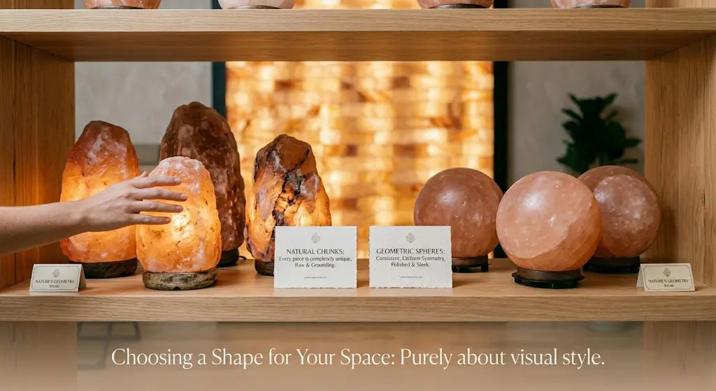 A side-by-side comparison of a raw Natural Chunk salt lamp and a polished Geometric Sphere lamp on a modern shelf, showcasing the aesthetic versatility for different interior designs.