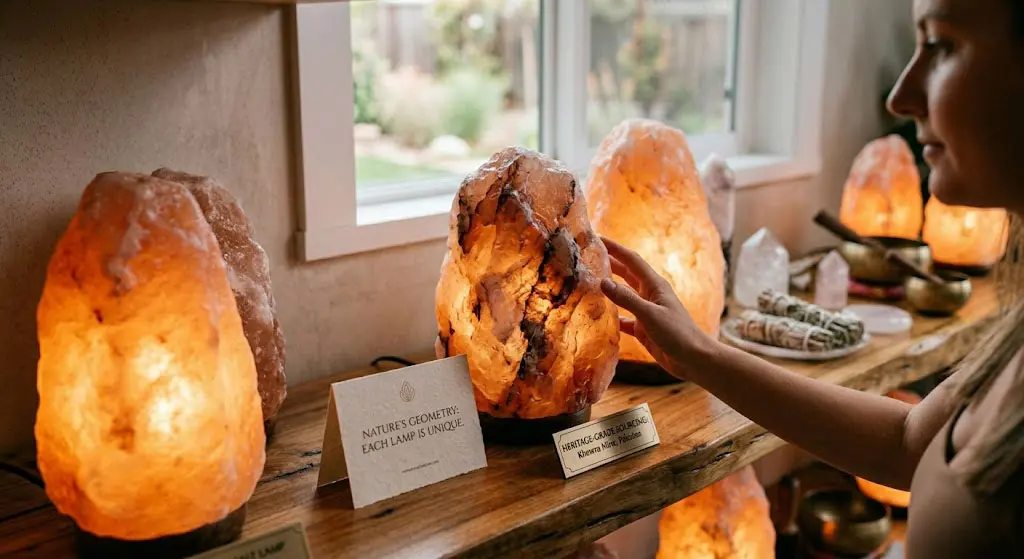 Detailed close-up of a unique Himalayan salt lamp crystal showing 'Nature's Geometry,' with a heritage-grade sourcing label from Khewra Mine for the metaphysical wellness market.