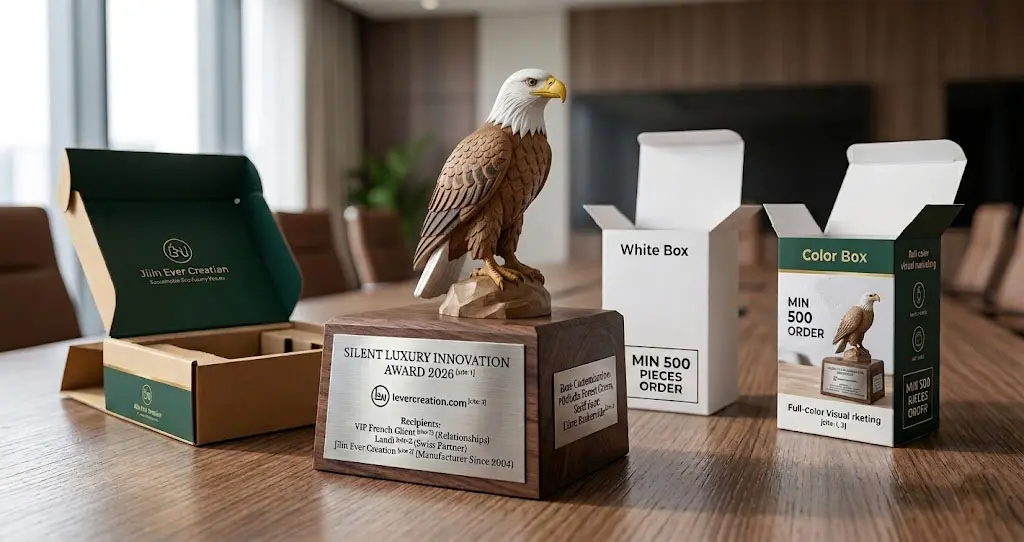 A customized hand-carved eagle award on a premium wood base with an engraved metal plaque, showcasing three packaging solutions: Kraft box, White box, and Color box for corporate gifting.