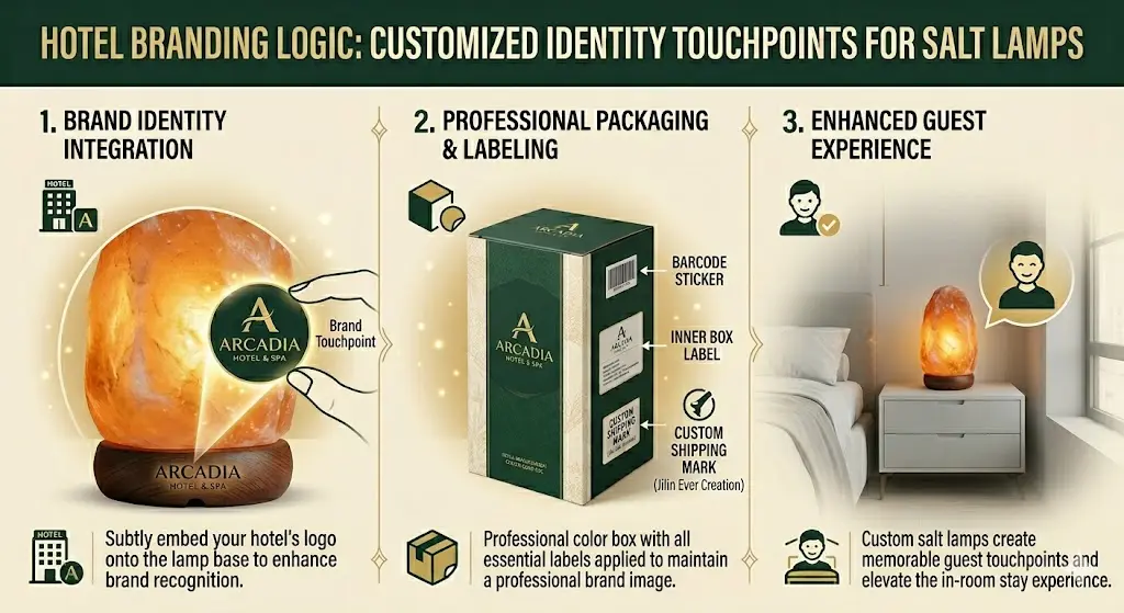 A professional B2B infographic titled 'Hotel Branding Logic,' illustrating the integration of hotel logos on Himalayan salt lamps, custom OEM color box packaging with professional labeling, and the resulting enhanced guest experience in a luxury hospitality setting.