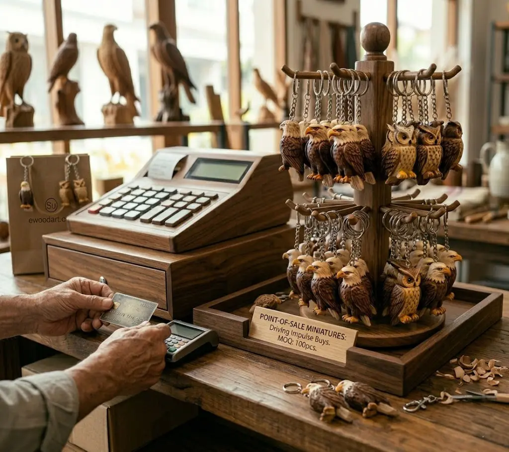 A detailed point-of-sale display on a rustic wooden checkout counter featuring a rotating stand filled with 5cm hand-carved wooden eagle and owl keychains. Next to a classic wooden cash register, a customer is paying with a credit card. A small wooden sign reads "POINT-OF-SALE MINIATURES: Driving Impulse Buys. MOQ: 100pcs," showcasing an ewoodarts.com trial order setup for high-margin retail souvenir sourcing.