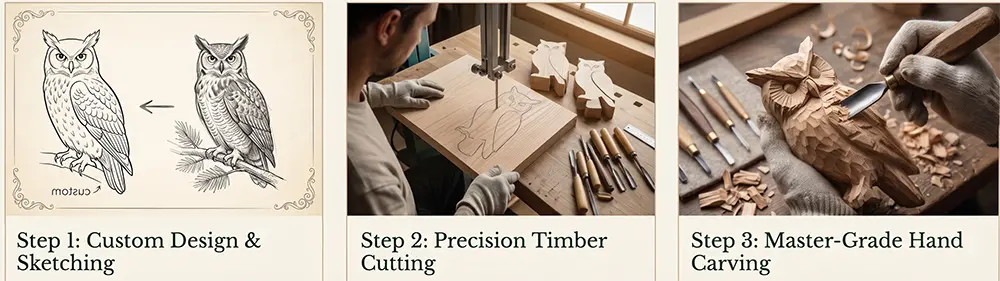 A 3-step visualization of the B2B wood carving process for a handcrafted owl