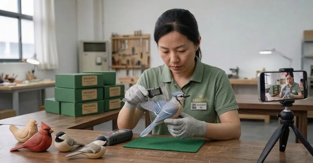 Professional pre-shipment quality check for wholesale wood carvings. A technician records a verification video while measuring product specs and wood moisture content to guarantee premium quality for international importers.