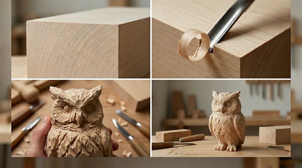 A 4-panel grid photo showing the woodcraft process