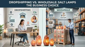 A split-screen visual comparison between salt lamp dropshipping and wholesale business models, featuring a small package for direct shipping and a warehouse pallet for bulk orders.