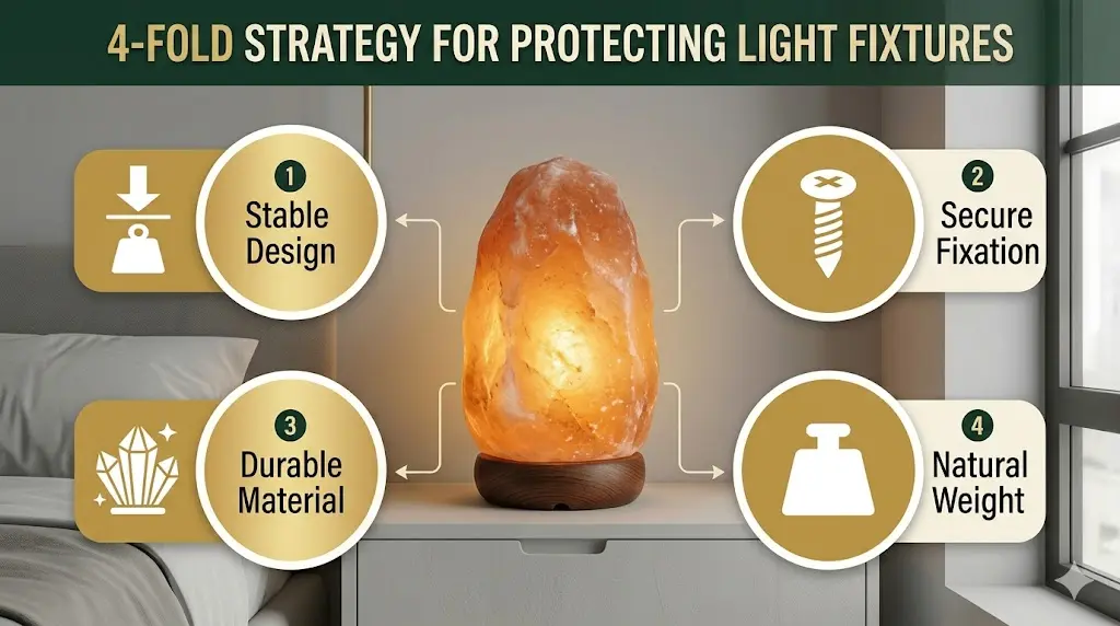 Close-up of a high-density Himalayan salt lamp for hospitality use, featuring a low center of gravity wooden base and neat electrical wiring for professional safety standards.