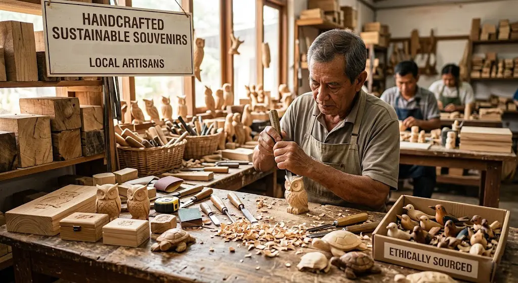 Handcrafted sustainable wood souvenirs made from FSC-certified wood by local artisans, ethically sourced for B2B retail