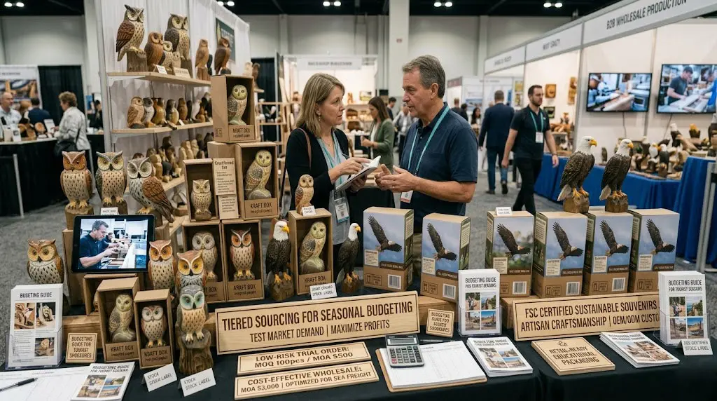 A B2B trade show booth displaying handcrafted wooden owl and eagle souvenirs with signage explaining tiered sourcing, seasonal budgeting, low-risk trial orders of 100pcs, and wholesale options for national park retail buyers.
