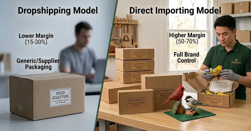 A side-by-side comparison of the dropshipping model vs. the direct importing model. The right side features an Ewoodarts specialist inspecting a handcrafted bird carving with custom kraft paper packaging, highlighting higher profit margins and full brand control for importers.