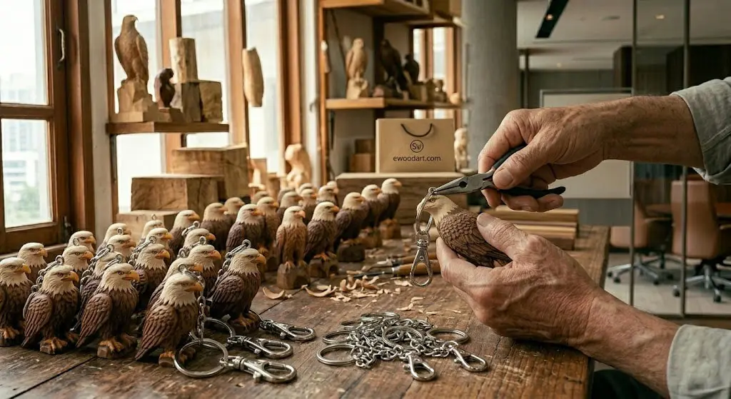Artisan installing a durable metal keychain fitting on a hand-carved wood eagle using pliers. Rows of completed wooden keychains and a branded ewoodarts.com bag are on the wholesale workshop counter.