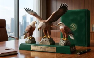Three hand-carved premium basswood eagle sculptures on a forest green executive award base for corporate gifting