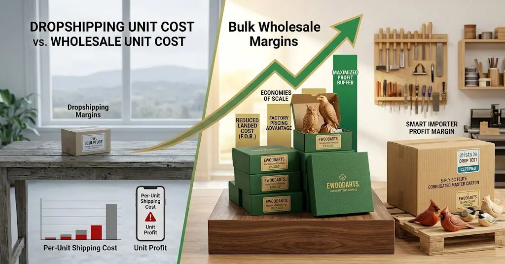 A B2B infographic comparing dropshipping unit costs with bulk wholesale profit margins for Ewoodarts handcrafted wood carvings. It illustrates how factory pricing and economies of scale lead to a maximized profit buffer for smart importers.