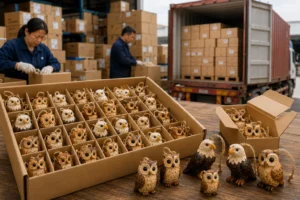 Hand-carved wooden owl and eagle ornaments packed in inner cartons for wholesale export and container shipping optimization