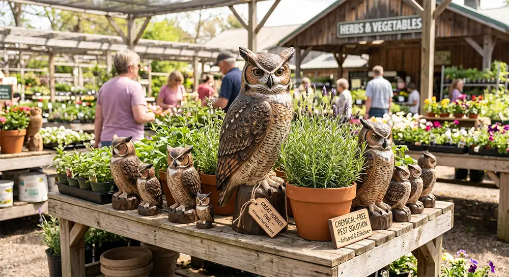 Wholesale artisanal wood-carved Great Horned Owl decoys for garden centers