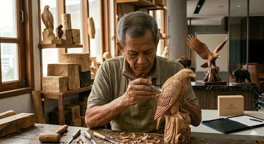Skilled artisan handcrafting premium wooden bird carvings for global export, showcasing fine detail and traditional woodworking techniques.