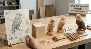 A workshop scene showing wood carvings of an eagle in different stages