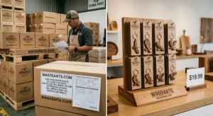 Alt: A split screen showing WoodArts wholesale wooden crafts from bulk sea-freight factory boxes to a premium $19.99 retail display of hand-carved eagle keychains.