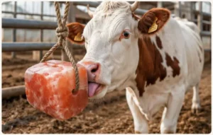 A happy cow actively licks an authentic Himalayan salt block, illustrating ewoodarts' premium Wholesale Himalayan Salt Blocks & Tiles product specifically designed as a salt lick for animals. Sourced directly from pristine Himalayan mines in Pakistan, these high-quality blocks are part of our extensive natural product offerings for global wholesale and OEM partners.