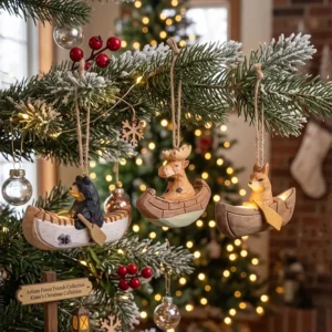 A realistic close-up of rustic hand-carved wooden animal ornaments—including a black bear and moose paddling in canoes—hanging on a beautifully lit Christmas tree branch.