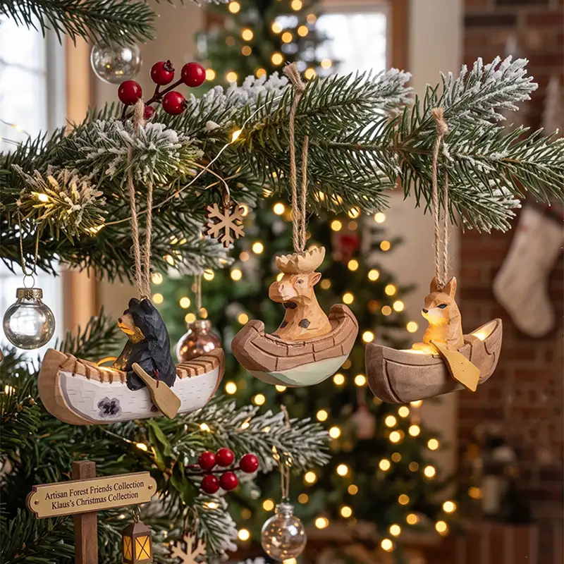 Hand-carved wooden animal canoe Christmas ornaments on a tree & hand carved vs laser cut christmas ornaments