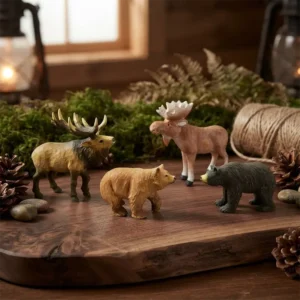 Hand-carved wooden wildlife figures, deer moose and bear figurines for wholesale.