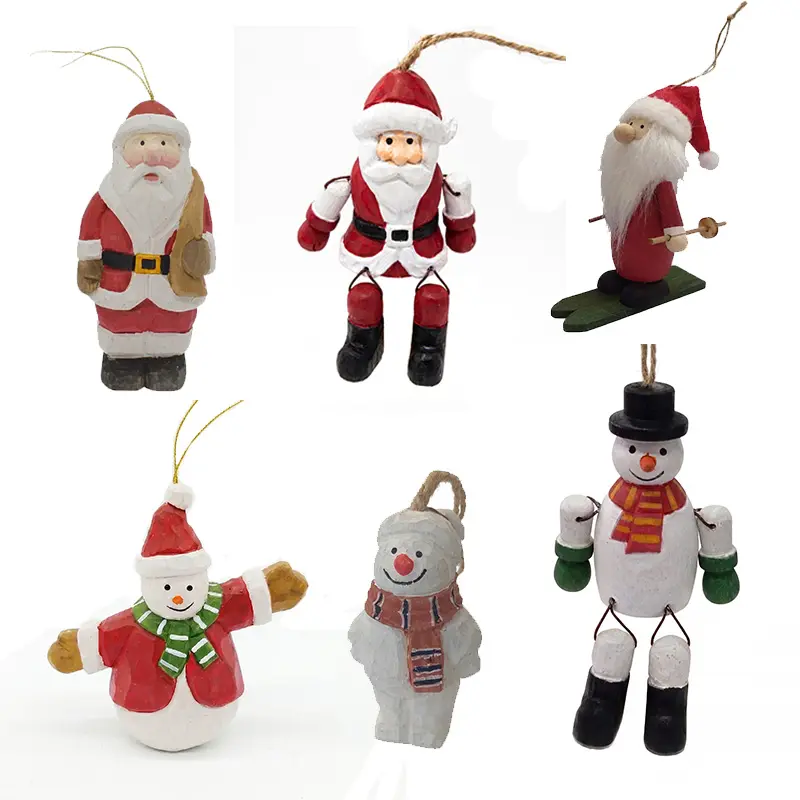Traditional wooden Christmas ornaments: Santa Claus and snowman figurines with hand-painted details