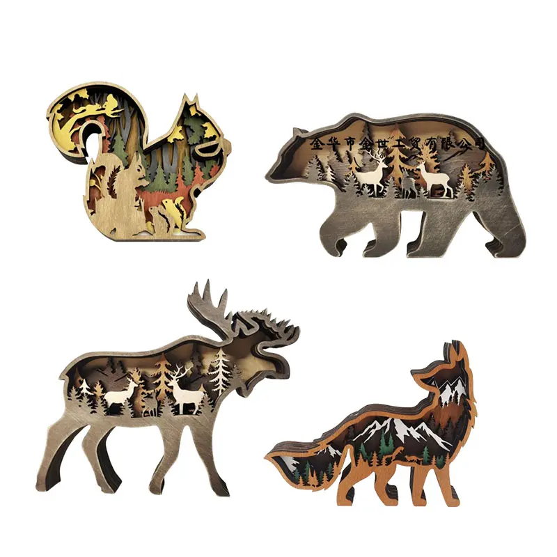 Layered wooden forest animal silhouette decor in squirrel, bear, moose and fox shapes