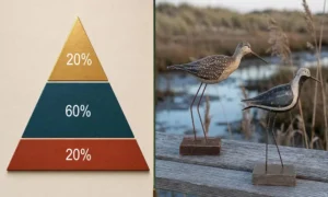 20/60/20 merchandising rule pyramid with hand-carved wooden shorebirds display