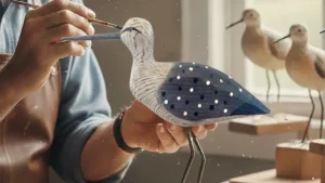 hand-painting the details of a wooden sandpiper carving in a workshop, highlighting custom finishes and craftsmanship.