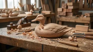 Premium unfinished wooden duck resting on an artisan's workbench with wood shavings and carving tools.