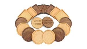 Wholesale custom wooden coasters in round and square shapes arranged in a circle, laser-engraved with 'YOUR LOGO' and 'ODM&OEM SUPPORT' for bulk branding.