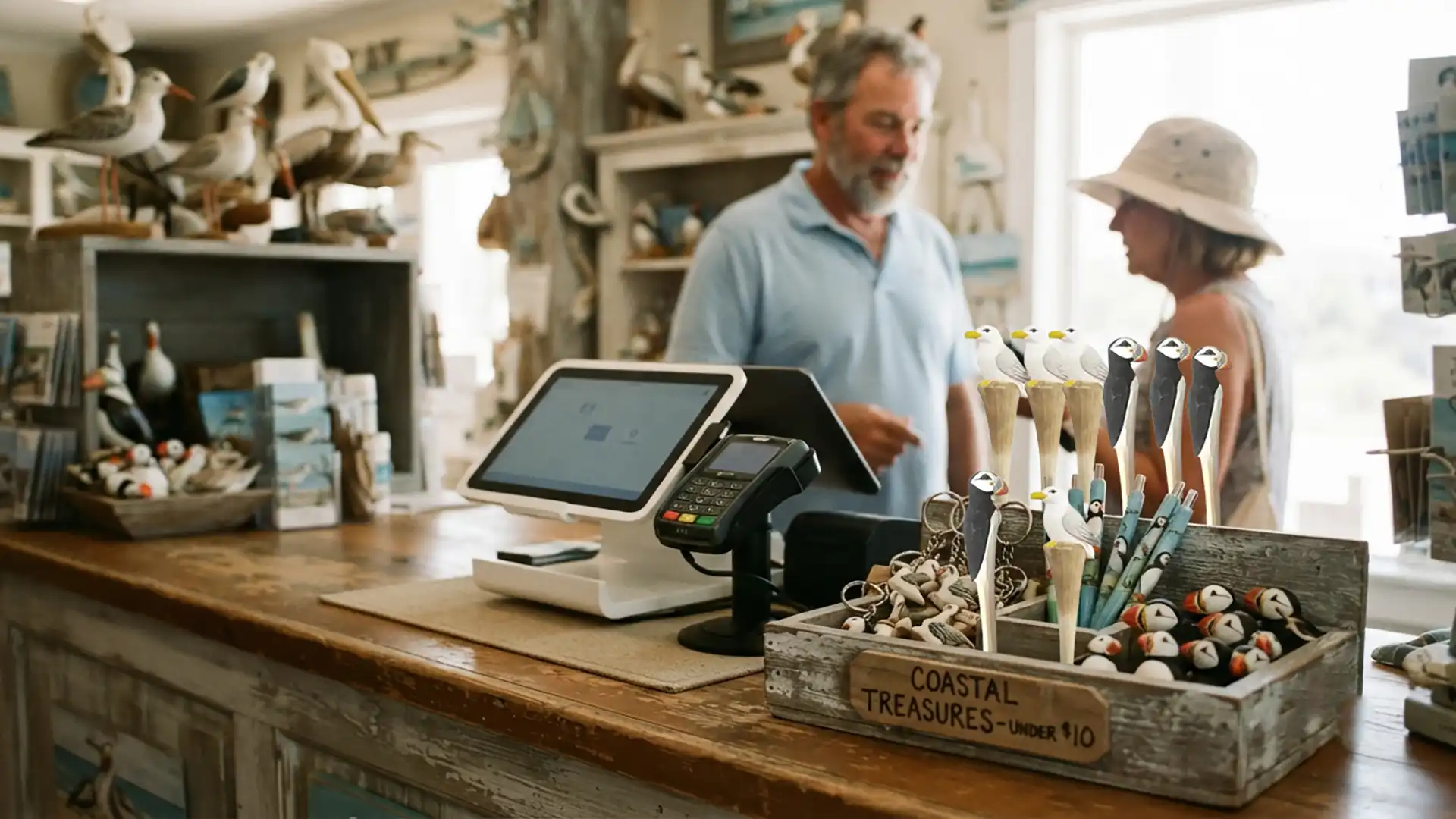 A wooden crate of hand-carved wooden bird souvenirs, including keychains and pens, sits on a coastal shop counter while a customer and clerk talk in the background.