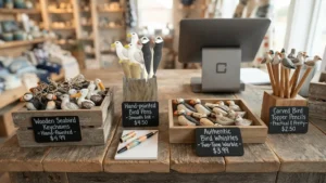 A coastal shop checkout counter displaying hand-painted bird keychains, pens, whistles, and pencils with price tags.