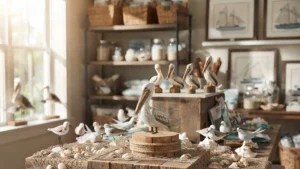 A sunlit coastal gift shop display features hand-carved wooden pelicans and shorebirds on weathered crates with fishing nets and seashells.